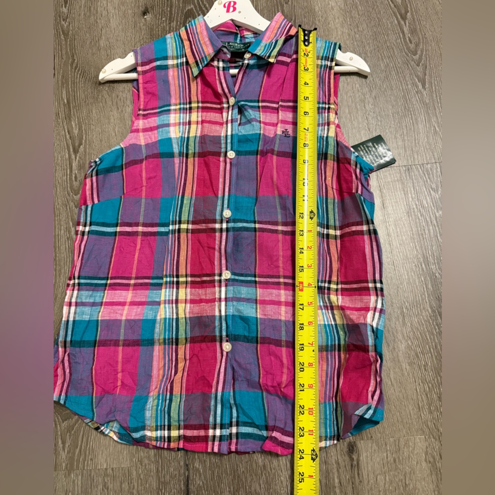 NWT Lauren Ralph Lauren Multicolor Plaid 100% Linen Button Up Sleeveless Shirt M - Picture 4 of 9